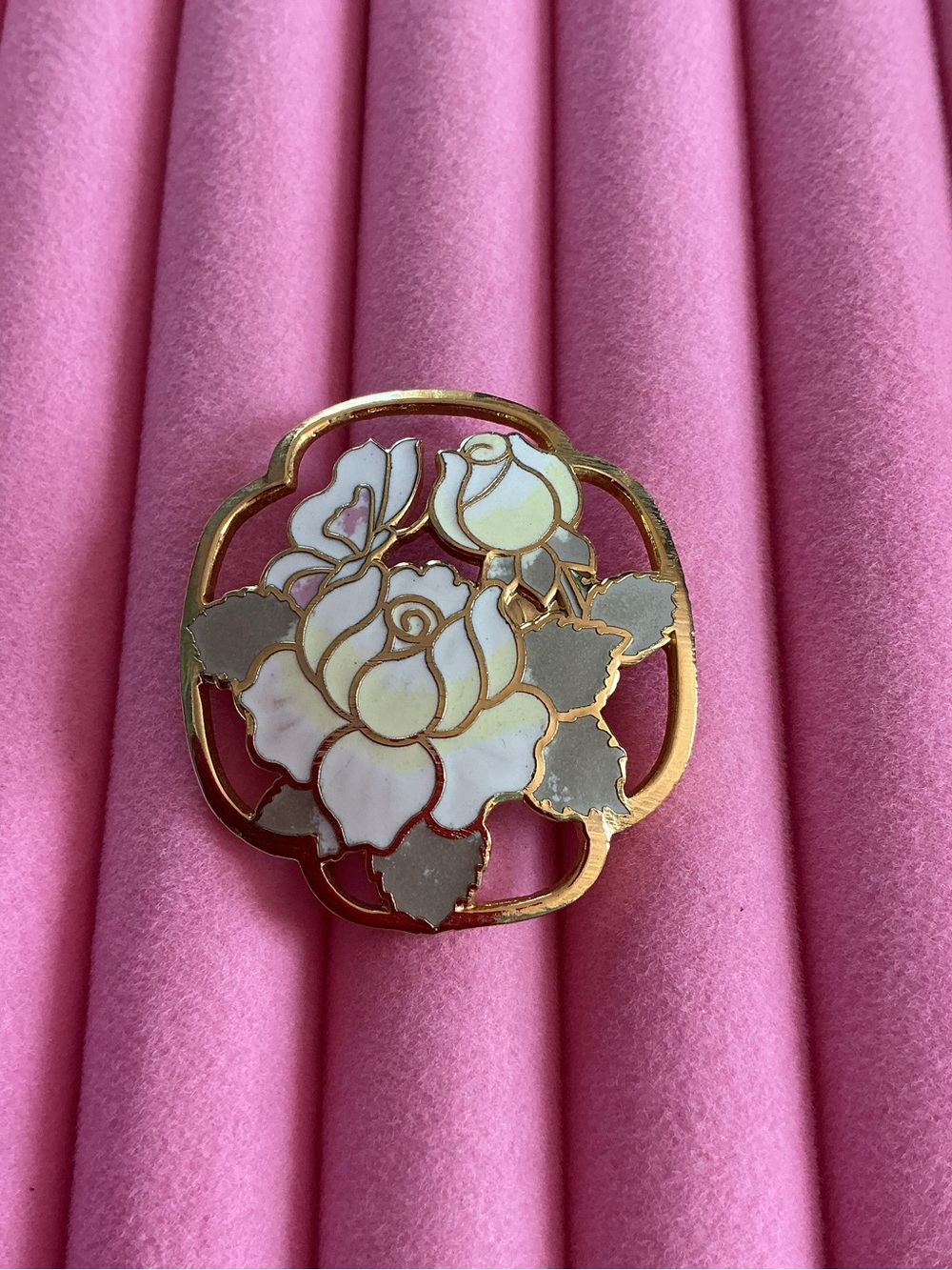 Gold-Tone White Rose Cloisonné Brooch — Vintage Jewelry